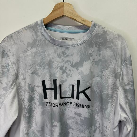 Huk Performace Fabrics Gray and White Camo Long Sleeve Fishing Shirt Mens Small - Picture 7 of 12
